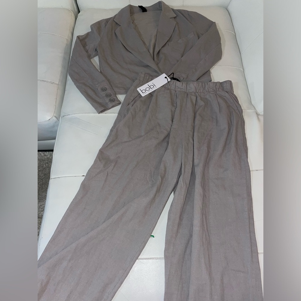 NWT BOBI linen pull on pants and cropped jacket coord set in gray lead Small